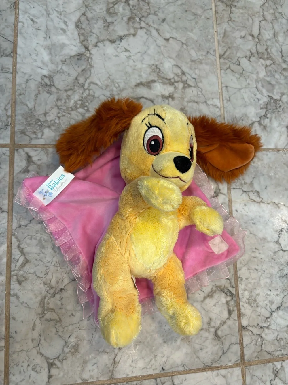 Plush Yellow & Brown Dog Toy with Pink Dress - Soft Pet Plush